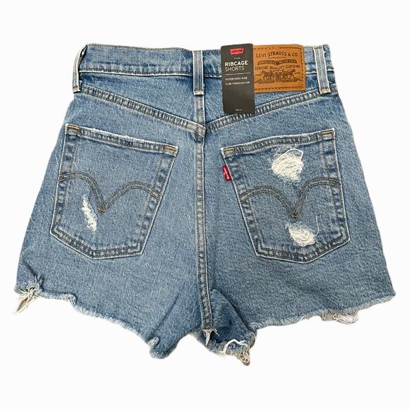 Levi's Ribcage Denim Cutoff Shorts 25 Tango Feels New NWT Distressed High Rise - Picture 3 of 7